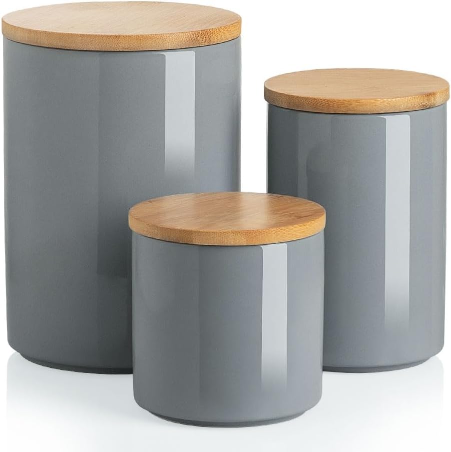 Sweejar Ceramic canisters for kitchen counter,Stackable Food Containers Set with Airtight Seal Bamboo Lid for Serving Ground Coffee, Tea, Spice, Flour and Sugar-Set of 3 (Gray)