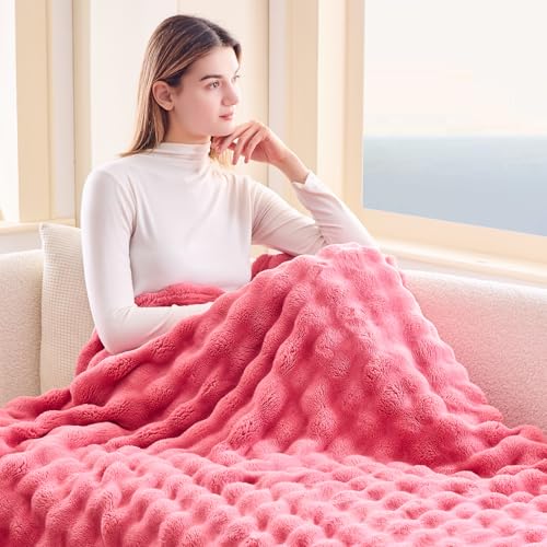 Newcosplay Throw Blanket For Couch Coral Pink Super Soft Flannel Fleece 3D Bubble Lightweight Bed Blanket All Season Use  thumb #2