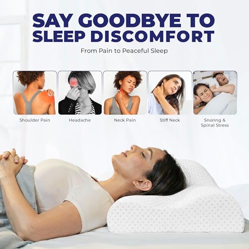 Image of WELLGIVER Cervical Gel Memory Foam Pillow for Neck Pain Relief - Ergonomic Orthopedic Pillow for Sleeping, Contoured Support for Side, Back & Stomach Sleepers | White | Pack of 2 | 19 x 11 x 3.5 Inch