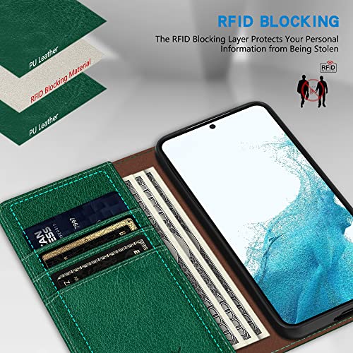 Image of ZZXX for Samsung Galaxy S22 Wallet Case with [RFID Blocking] Card Slot Stand Strong Magnetic Leather Flip Fold Protective Phone Case for Samsung Galaxy S22 Case Wallet(Green-6.1 inch)