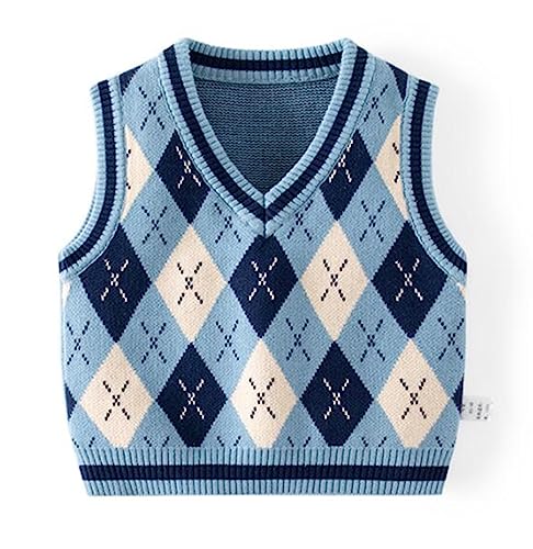 warmstraw Knitted School Uniform Sweater Vest V Neck Soft Pullover Top for Children Boys Girls Plaid Pattern Blue 4-5 T