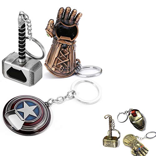 Sio & Tan Captain America Keychain Shield Opener Thor Hammer Mjolnir Keychain Bottle Opener Thanos Glove Infinity Gauntlet Keychain Bottle Opener Iron man Keychain