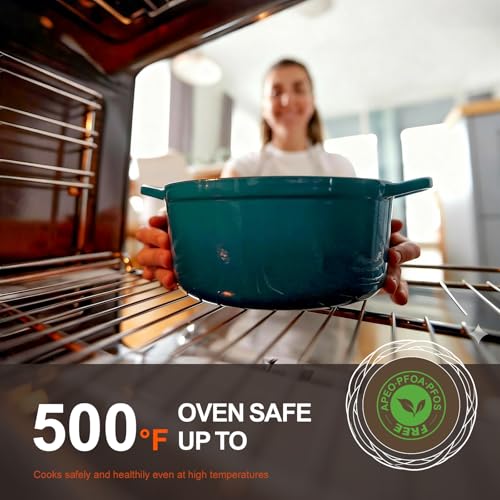 Image of Overmont Enameled Cast Iron Dutch Oven - 5.5QT Pot with Lid Cookbook & Cotton Potholders - Heavy-Duty Cookware for Braising, Stews, Roasting, Sourdough Baking Bottle green