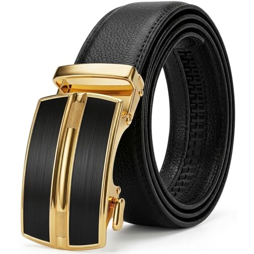 JINIU Mens Ratchet Belt with Gold Buckle Black Genuine Leather Slide Belt for Men Dress Suit Micro Adjustable Trim to Fits 3347 Waist (Boxed) KT4