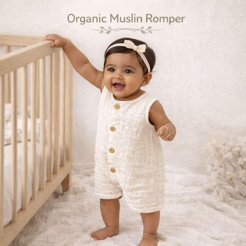 Image of La Vie BabyCare Organic Crinkle Muslin Rompers for Babies |Soft, Lightweight Infant Bodysuits, Gentle on Sensitive Skin, Summer Wear, Multicolor Stylish Baby Outfit, Pack of 2 (3-6 Months)