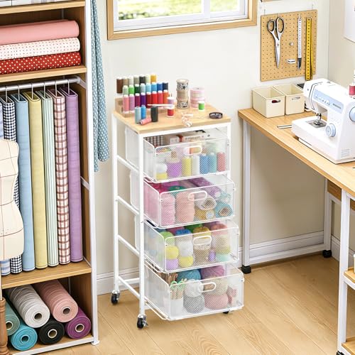 Image of SUNALLY Kitchen Storage Cart with Drawers,Metal Snack Cart Organizer,White | 4-Tier Craft Cart with Lockable Wheels, Wooden Top, Rolling Storage Drawer Carts for Snacks,Beauty,Craft,Art,Makeup,School