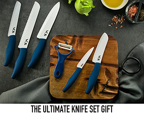 Vos Ceramic Knife Set, Ceramic Knives Set For Kitchen, Ceramic Kitchen Knives With Peeler, Ceramic Paring Knife 4", 5", 6", 7", 8" Inch Blue #TOP3