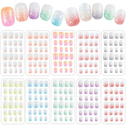 240 Pieces Fake Nails for Kids Girls Artificial Kids Press on Nails Full Cover Short Acrylic Stick On Nails False Nail Tips Kit for Children Little Girls Nail Art Decoration (Sparkle)