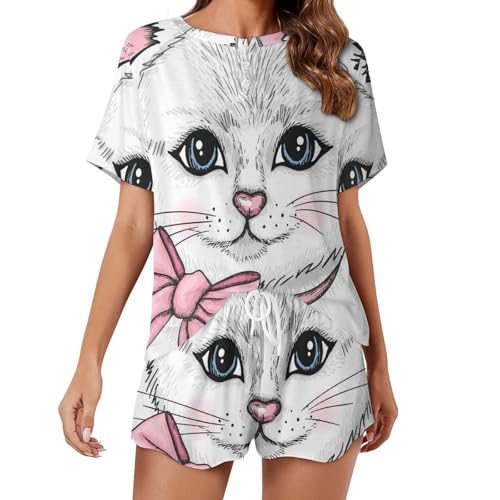 Pyjama chat nœud rose pour femme ensemble de nuit manches courtes été