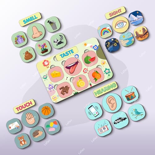 Image of Lefan 5 Sense Puzzle for Toddlers Montessori Wooden Educational Board with Sight, Taste, Touch, Hearing & Smell - Colorful Matching Game for Kids Age 2 3 4 5 6 7+ Years