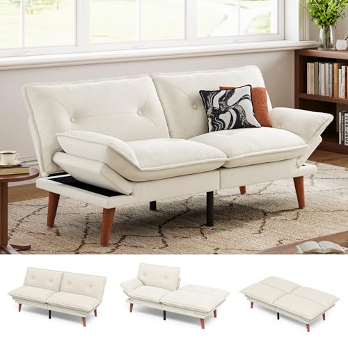 LINSY HOME Futon Sofa Bed 70 Chenille Futon Couch with Adjustable Backrest Armrest 3 in 1 Convertible Comfy Loveseat Sleeper Sofa Bed for Small Spaces Dorm Room Apartment Home Office(Beige White)
