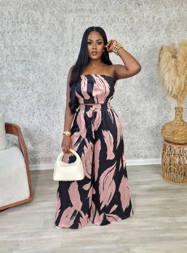 Image of Two Piece Sets for Women Summer Outfits Crop Tops and Wide Leg Pants Sets Sexy Jumpsuits Vacation Outfits with Pockets