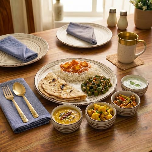Image of The Earth Store Brown Spiral Ceramic Dinner Set, 18 Pieces with 6 Dinner Plates & 12 Vegetable Bowls | Microwave & Dishwasher Safe | Bone-Ash Free Dinnerware Set