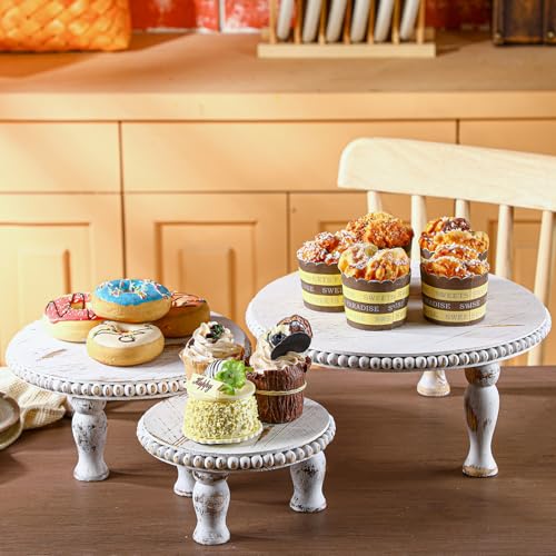 Thyle Rustic Round Wood Tray Riser Set of 3 Wooden Beaded Cupcake Pedestal Stand Round Farmhouse Wood Cake Holder Multiple Sizes Dessert Stands for Wedding Birthday Decor Height 7
