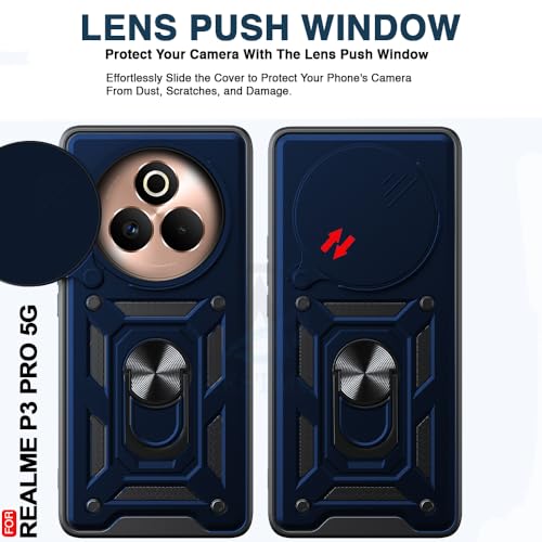 Image of AESTMO Tough Armor Realme P3 Pro 5G Bumper Back Case Cover | Ring Holder & Sliding Camera Shield Cover | 360 Degree Protection Back Case Cover for Realme P3 Pro 5G (Blue)
