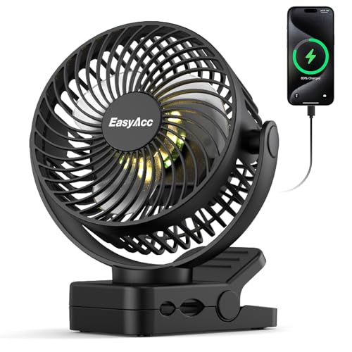 EasyAcc Tragbarer Clip-Ventilator mit LED-Licht und Magnetfuß 13000mAh USB Wiederaufladbarer Zelt- & Tischventilator 360 Drehbar 3-Gang 2H-6H Timer Type-C Aufladung