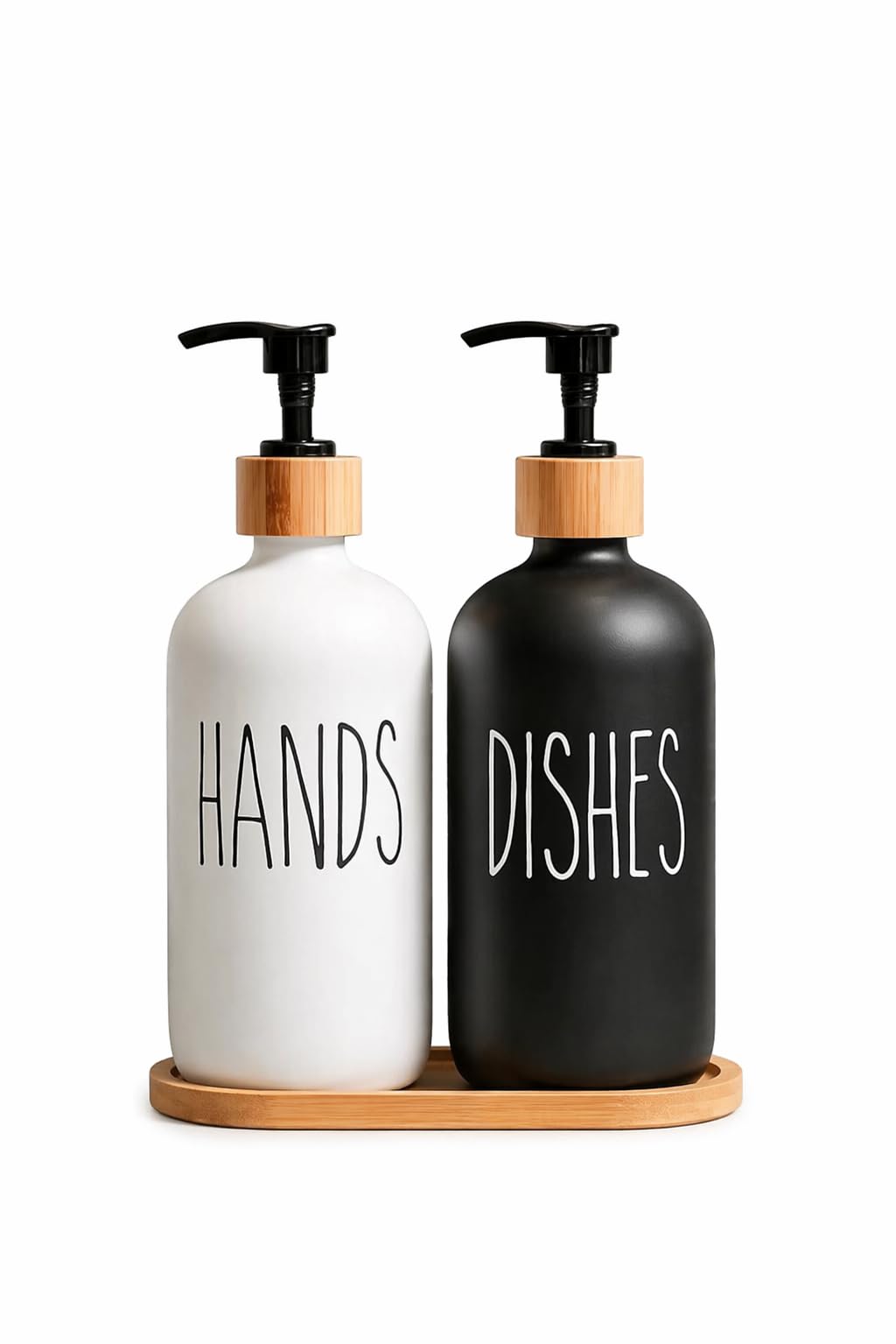 2’li Hands Dishes Siyah Beyaz Cam Sıvı Sabunluk Seti 500 ml, Bambu Standlı Dekoratif Mutfak & Banyo Sabunluk Dispenser Seti Şık Modern Tasarım