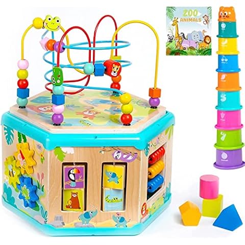 Pidoko Kids Wooden Activity Cube with 2 Tops - Montessori Center Birthday Gifts for 18 Months + Year Old Toddlers - Developmental Learning Baby Girl Boy Toys - Educational Bead Maze Set and Zoo Book Cover