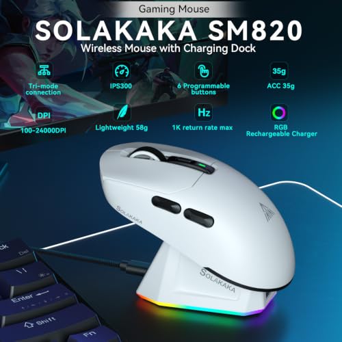 24000-Dpi Solakaka SM820 Wireless Gaming Mouse w/ RGB Charging Dock & PAW3311 Sensor (White) - image 2