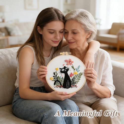 Image of RidaaFri Embroidery Kit for Beginners Set of 3, DIY Hand Stamped Embroidery Kits for Adults and Starts with Cute Cat and Plants Patterns, Hoop, Needle, Threads and Instructions
