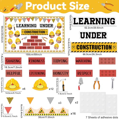 Image of gisgfim Construction Bulletin Board Decorations Learning Under Construction Paper Cutouts DIY Photo Helmet Motivational Bulletin Board Set for Back to School Teacher Classroom Wall Decor Supplies