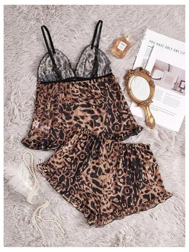 Milumia Women's 2 Piece Leopard Print Pajama Set Lace Mesh Cami Top Shorts Pajamas2