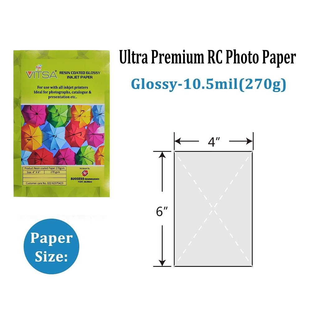 VITSA Ultra Premium Photo Paper ? 270 gsm Resin Coated ? RC High Glossy Photographic Paper 4x6 size - 100% Waterproof with laminated layer (4 X 6 SIZE (102 x 152 mm), PACK OF 50 SHEETS)