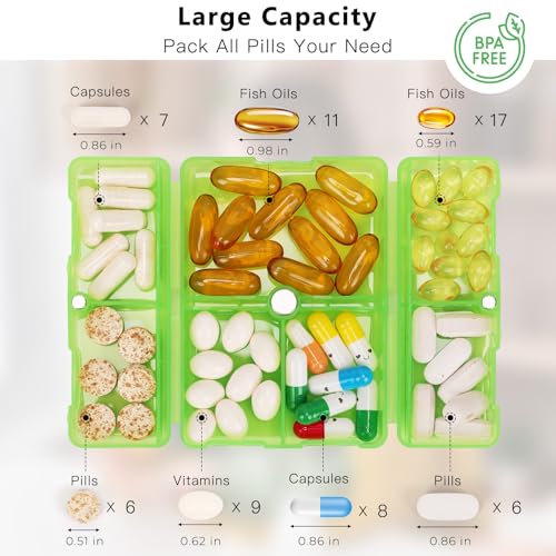 Image of FYY Travel Pill Organizer,7 Compartments Pill Box Medicine Case-Clear Green