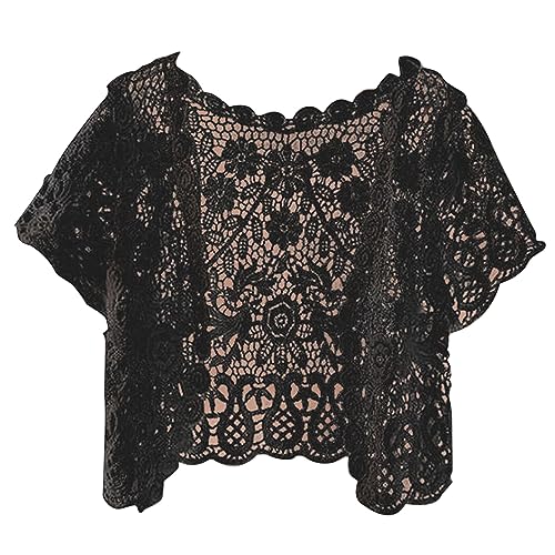 Womens Short Sleeve Tassels Lace Cardigan Floral Crochet Beach Up Shrugs Open Front Crop Jackets