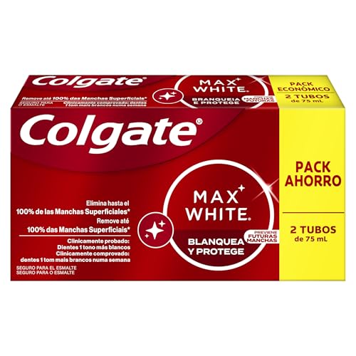Colgate Max White One Pasta de Dientes Blanqueadora, Pack 2 Uds x 75ml, Dentrifíco Blanqueador, Dientes 1 Tono Más Blancos en 1 Semana, Elimina Manchas Superficiales