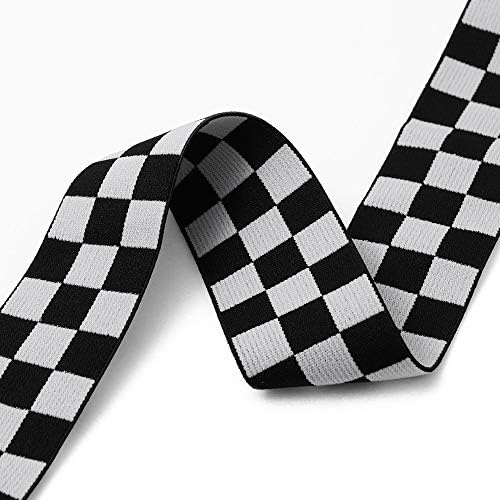 4-Yards 40mm(1-5/8") Checkerboard Elastic Stretch Ribbon Trim, Black/White, TR-12019