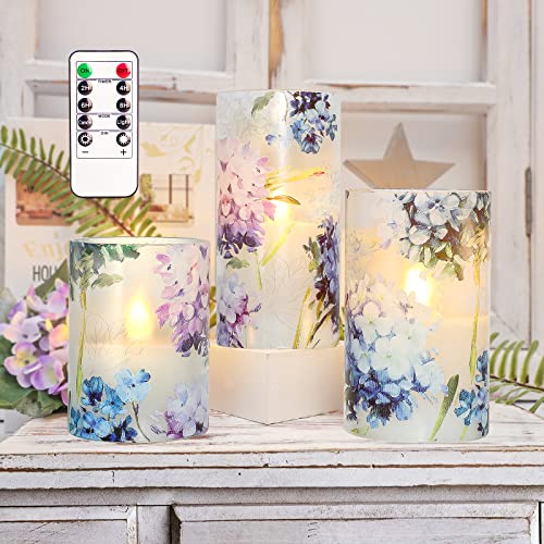 Image of Blue Hydrangea Flameless Candles, Decorative LED Candles Flickering with Remote Timer, Battery Operated Real Wax Candles for Birthday Party Love Decor, Set of 3