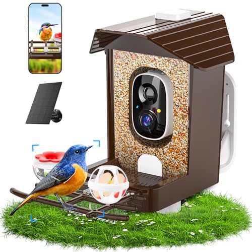 Smart Bird Feeder with Camera Solar Powered, Birdfeeder Cam for Outside Garden, AI Identify 10K+, 2K HD Live, WiFi Birdhouse Camera, Gifts for Bird Lover