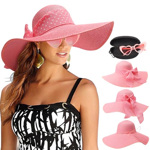 DRESHOW Wide Brim Sun Hats for Women Floppy Woven Straw Beach Hat UPF 50+ Hat & Heart Shape Glasses 3 Ribbons Spectacle Cases