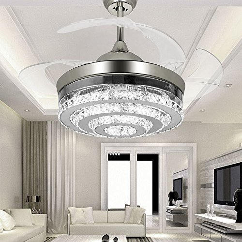 42 in Fandelier Crystal Ceiling Fans with Lights Retractable Blades Fan Remote Control Light 42 inch Fans Chandelier Lighting Indoor Fan, Living, Dining Room, Bedroom Fandelier Fan 42