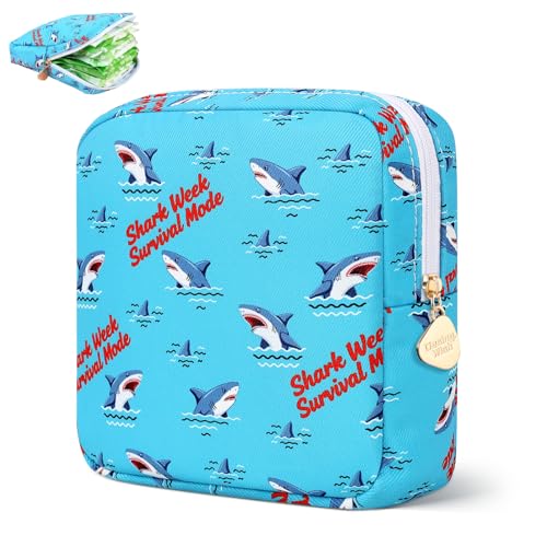 Image of Sanitary Pad Storage Bag Portable Period Bag for Teen Pads /Sanitary Napkins /Small Tampons, Sanitary Napkin Storage Bag First Period Gifts for Teen Girls (Shark Week)