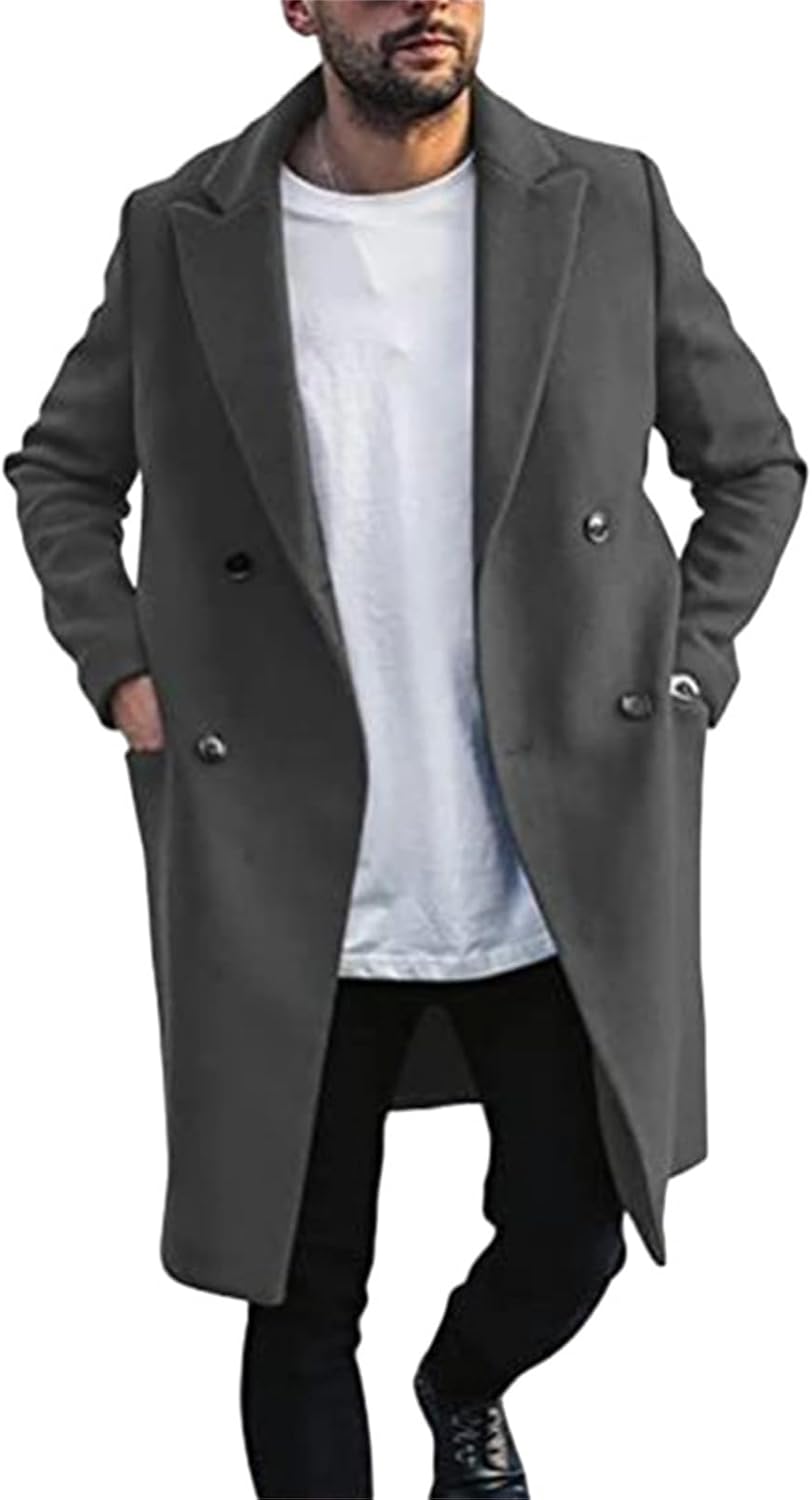 Men's Trench Coat Double Breasted Wool Blend Pea Coat Notched Collar Winte Thicken Windbreaker Casual Long Jacket