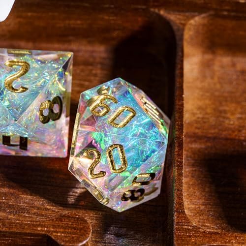 Cusdie Sharp Edges DND Dice, 7 PCS D&D Dice, Handcrafted Polyhedral Dice Set, for TTRPG Role Playing Game(Transparent with Golden Numbers) - 4