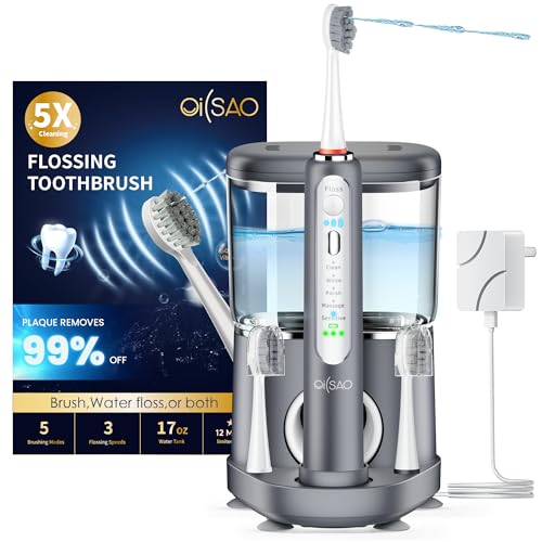 OILSAO Spazzolino elettrico con idropulsore combinato, 5 modalità di spazzola e 3 velocità di filo, grigio
