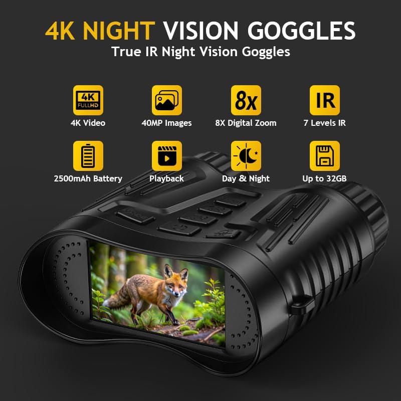 Night Vision Binoculars for Adults, 4K HD Night Vision Goggles with Video Recording, Gift for Men, Boys, Father's Day, Christmas for Outdoor Night Adventure, Wildlife Watching