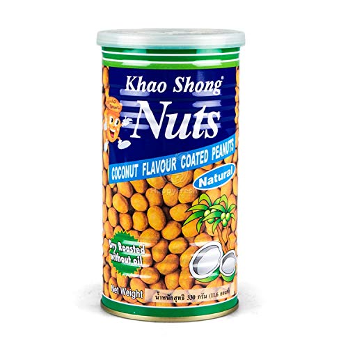 KHAO SHONG Cacahuetes recubiertos con aroma de coco, crujientes frutos secos recubiertos de coco dulce y picante, crujiente snack, 1 x 360 g
