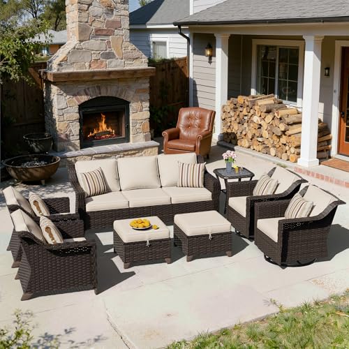 Image of 8 Piece Patio Furniture Set, Wicker Outdoor Conversation Set | Patio Chair Set with Olefin Removable Cushion, All-Weather Outdoor Couch with Deep Seat for Porch, Deck and Backyard, Beige
