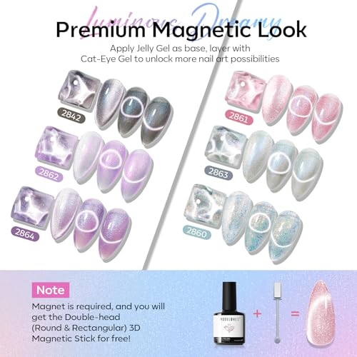 Image of modelones Cat Eye Gel Nail Polish Set, 6 Colors Summer Light Pink Purple White-Blue Pearlescent 9D Cateye Glitter Gel Polish kit Dreamy Veil with Magnet Soak Off LED Nail Art Starter Kit DIY Gift