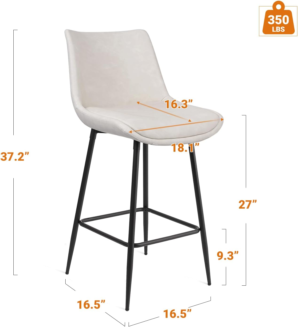 Counter Height Bar Stools Set of 2, FSC Certified Upholstered Faux Leather Barstools with Back, Metal Base, 27" Seat Height, Modern Upholstered Counter Stools for Kitchen Island,(Beige