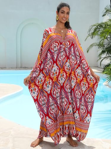 Image of IMAGEKOPE Women's Plus Size Animal Print V-Neck Batwing Kaftan Beach Dress Bathing Suit Cover-Up Loungewear