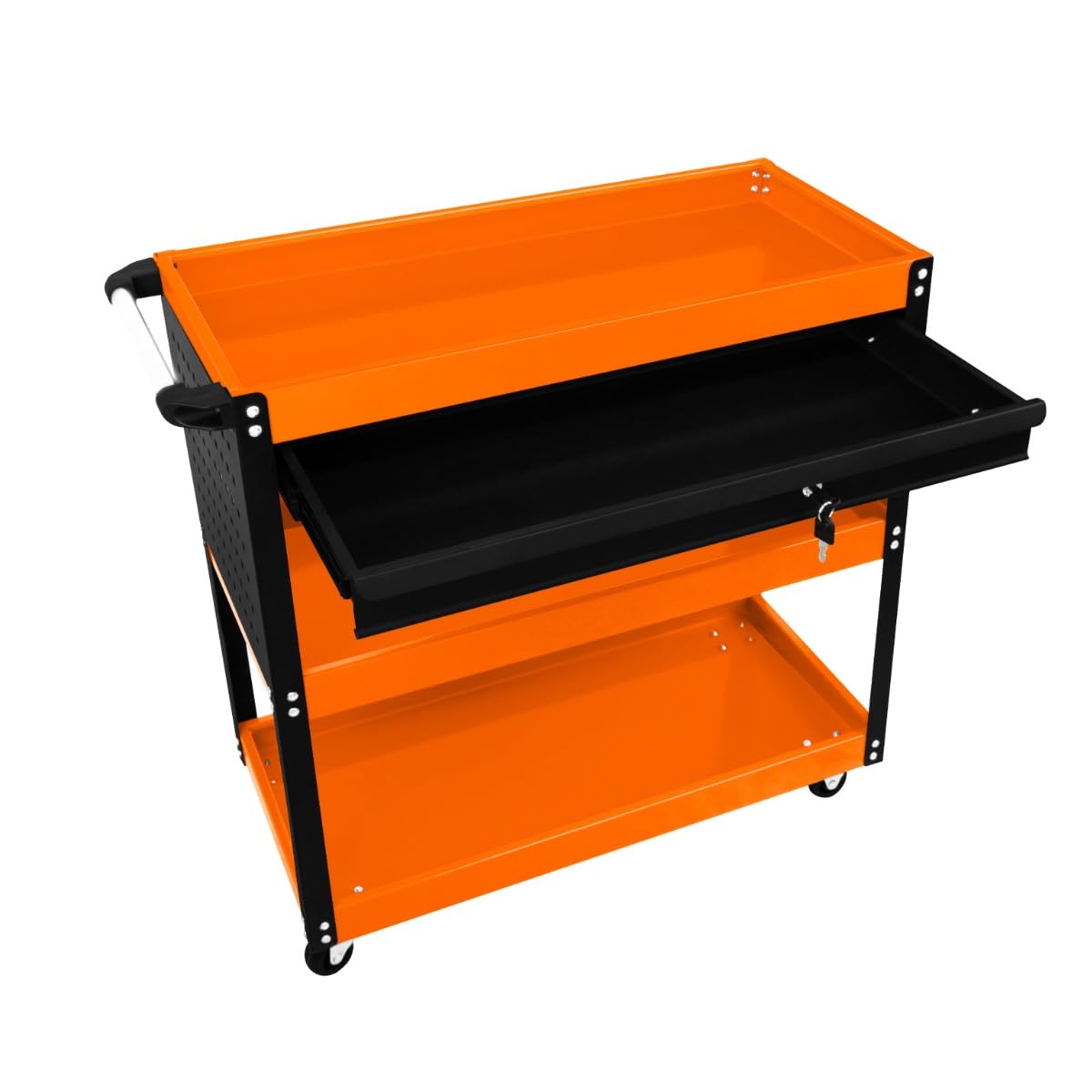 Carrello Portatile a 3 Piani con Cassetto con Serratura 2 Chiavi 4 Ruote Girevoli 2 Ripiani per Appendere 6 Ganci Capacità 150 kg Officina Garage Fai da Te Acciaio Verniciato a Polvere Resistente