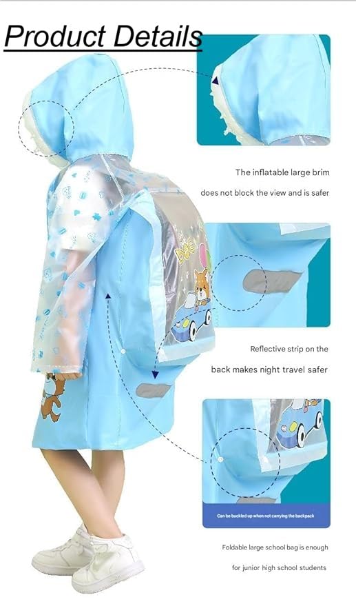 Image of FashionIO Hooded Raincoat for Kids with Wide /Inflated Brim Solid PVC Student Kids Raincoat with School Bag Rain Cover Cartoon Print Raincoats