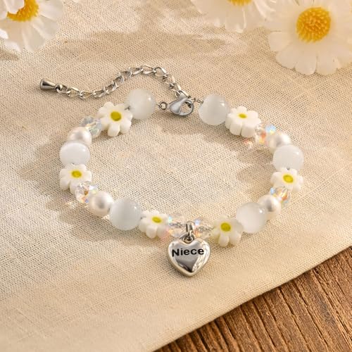 Image of MEALGUET To Niece Bracelet Gifts for Girls : Cute Daisy Flower Natural Cat Eye Stone Beaded Heart Charm Bracelets Jewelry Birthday Back to School Gift to Nieces from Aunt Auntie Uncle