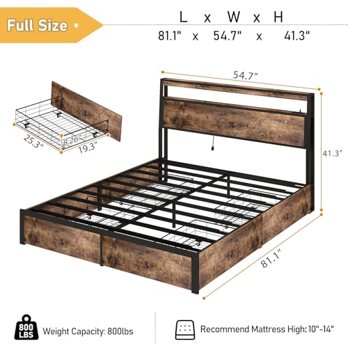 Image of Full Size Bed Frame with 4 Storage Drawers, Full Bed Frame, Vintage Brown | LED Light, Charging Station, Wood Headboard, Metal Platform, No Box Spring Needed, Noise Free, Easy Assembly