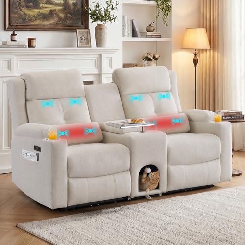 PYOIER Power Reclining Loveseat Sofa with Cat Nook, Cat-Proof Electric Reclining Couch w-Massage & Heat, Compact 2-Seater Sofa for Living Room& Small Spaces (White)